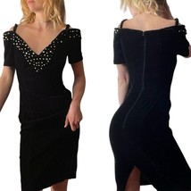 90s 6 Petite Black Velvet Off Shoulder Cocktail Dress Embellished - $57.90