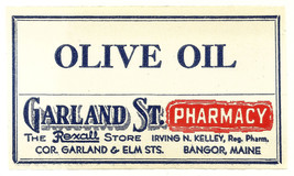 1 Antique Pharmacy Label OLIVE OIL Farland St. Rexall Pharmacy Bangor Maine - $28.11