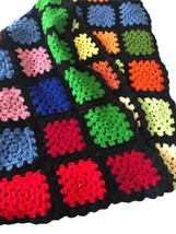 Vtg Granny Square Afghan Black Roseanne Colorful Rainbow Throw Blanket 46&quot; x 64&quot; - £44.83 GBP