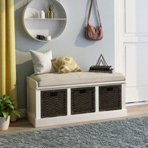 44&quot; Rustic Storage Bench with 3 Removable Classic Rattan Basket, White - £240.55 GBP