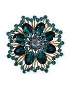 Vintage Teal Blue Rhinestone Floral Brooch Gold Tone Statement Pin 2.5 Inch - $22.50