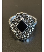 Vintage Black Onyx Stone Woman Silver Plated Ring Size 6 - £10.12 GBP