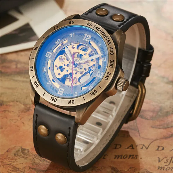 Retro Style Men Automatic Mechanical Watch Skeleton Steampunk Genuine Le... - $49.66