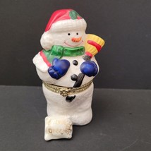 Hand Painted Ceramic White Snowman With Santa Cap, Broom &amp; &quot;Sweet Dreams&quot; Pillow - £10.09 GBP