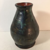 Handcrafted Dark Green Red Clay Vase Gold Black Tones Textured 7.25 inches high - £22.88 GBP
