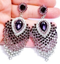 Purple Peacock Feather Chandelier Earrings, Rhinestone Austrian Crystal Jewelry, - £30.67 GBP