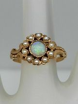 Antique Victorian 0.75ct Fire Opal &amp; Pearl 14k Yellow Gold Over Halo Ring - £79.10 GBP