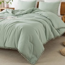 Sage Green Pom Pom Fringe Comforter Full(79X90 Inch), 3 Pieces(1 Boho Comforter  - £66.66 GBP