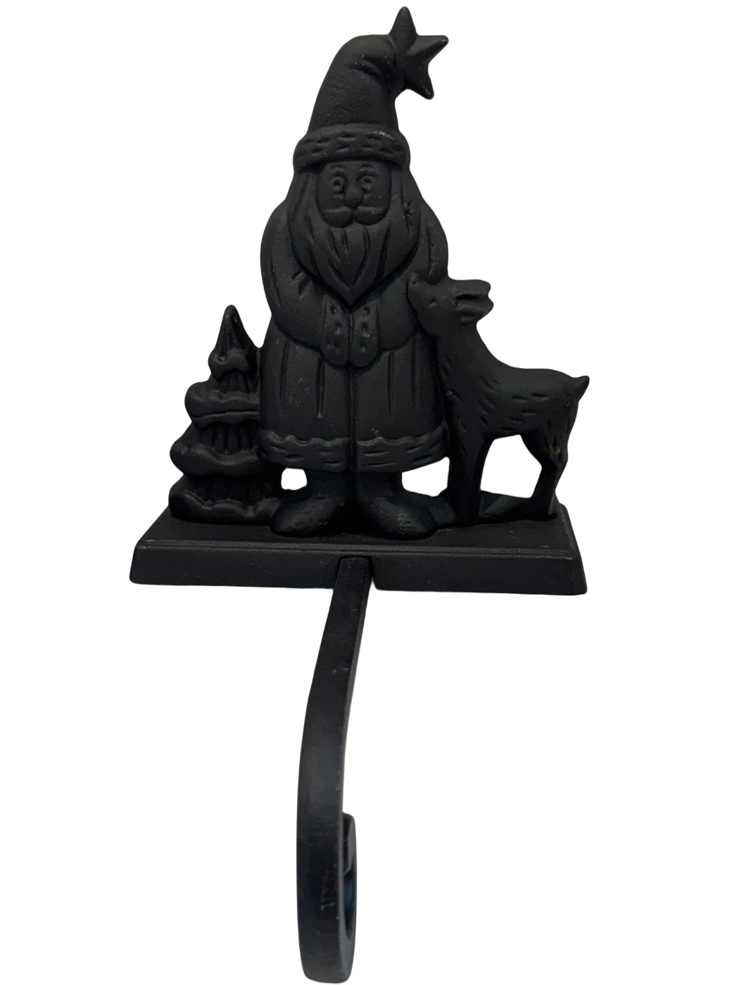 Old World Santa Stocking Holder Black Cast Iron w/Reindeer Tree Heavy Du... - $34.00
