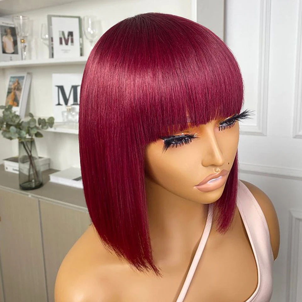 99J Burgundy Red Short Bob Human Hair Wig With Fringe For Women Straight Remy - £24.95 GBP+