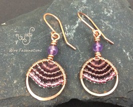 Handmade copper earrings: circle wire wrapped with amethyst and glass beads - £22.77 GBP