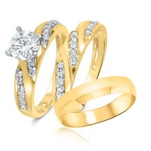 10K Solid Yellow Gold FN His &amp; Her Engagement Bridal Wedding Band Trio Ring Set - £127.03 GBP
