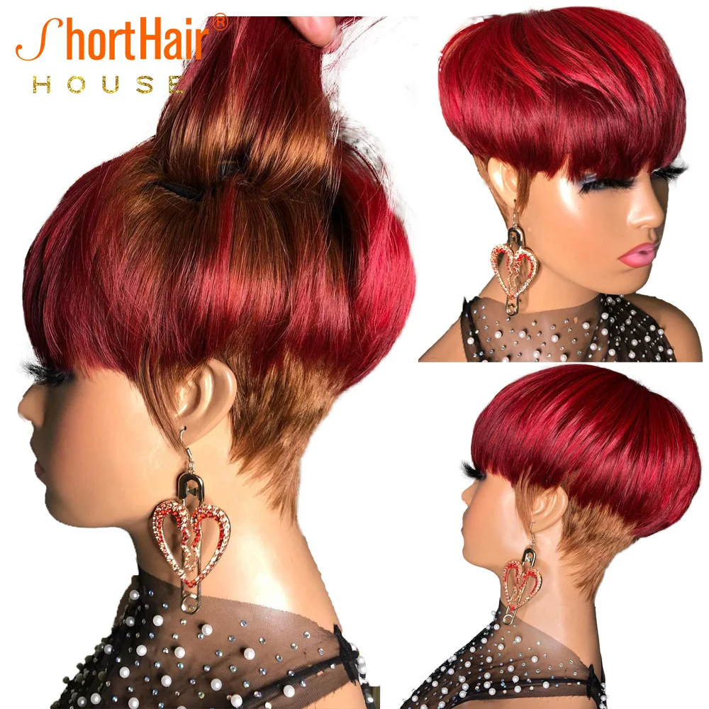99J Red Color Pixie Short Cut Bob Wigs Ombre Brown Human Hair Wigs For Black - £42.24 GBP+