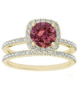 14K yellow gold engagement &amp; wedding ring set diamond and pink tourmaline - $1,650.00