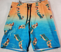 Hang Ten Hula Swim Shorts Mens Size 34 Orange Blue Pocket Flat Front Drawstring - £11.30 GBP