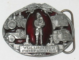 Vtg 92 Bergamot Volunteer Firefighter Red Enamel on Silvertone Metal Belt Buckle - $18.81