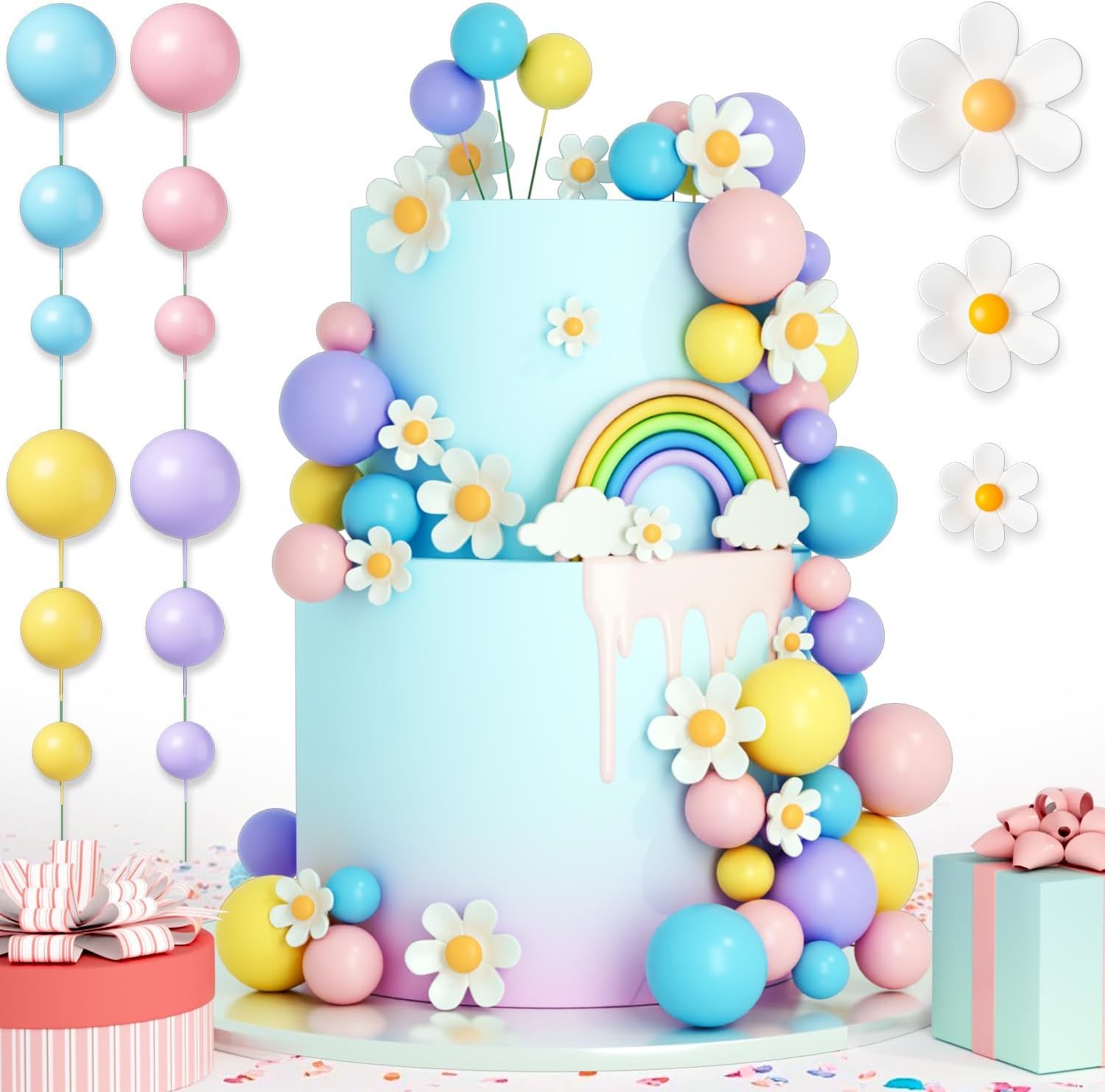 48Pcs Birthday Cake Decorations Rainbow Cake Toppers With Balls Cake Pic... - $29.99