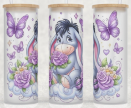 Frosted Glass Eeyore Butterfly Rose Purple Cup Tumbler 25oz - £15.53 GBP