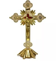  Beige &amp; Gold Catholic Altar Standing Wall Jesus  Crucifix INRI Jerusale... - £18.58 GBP