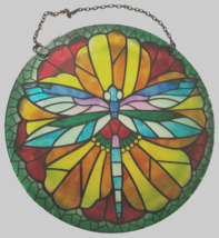 $60 Tiffany Style-Stained Art Glass Window Sun Catcher Round Dragonfly Green Red - £53.29 GBP