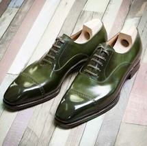 Made To Order Green Color Derby Cap Toe Handmade Genuine Leather Laceup Shoes - £109.64 GBP