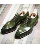 Made To Order Green Color Derby Cap Toe Handmade Genuine Leather Laceup ... - £107.50 GBP