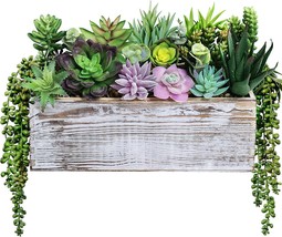 19 Pcs. Of Assorted Artificial Succulents Fake Plants In A Rectangular Wooden - £30.35 GBP