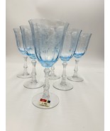 Fostoria Navarre Blue Art Glass Water Goblets Vintage Etched Floral 7.5” Set 6 - $315.00