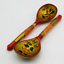 USSR Khokhloma Pair Wooden Spoons Folk Art Berries Lacquer 1975 Russian Vintage  - £8.67 GBP