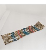 Egyptian Revival Bracelet Brass Filigree Blue Faience Beads Coral 6.25&quot; - €34,85 EUR