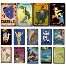 Vintage Tropical Country Travel Poster Tin Sign, Brazil Carnival Metal P... - $18.75