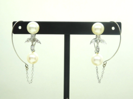 Akoya Pearl &amp; Colorless Diamond Dangle Earrings Solid 14K White Gold w/Ear Hooks - £716.96 GBP