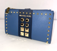 Michael Kors Adele Phone  Wallet Gold  Studs Blue Saffiano Leather Clutc... - $89.09