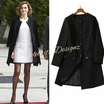 Queen Letizia Inspired Collarless Mid-Length Cocoon Coat in Black 10 12 ... - $119.99