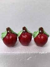 Set Of 3 Vintage Ceramic Red And Green Shiny Apple Salt And Pepper Shakers - £6.40 GBP