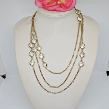 Vintage Bezel Set Clear Crystal Gold Tone Long Chain Station Necklace 60&quot; - £28.10 GBP