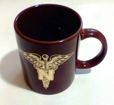 Vintage Coffee Cup Mug Red Brown Gold Tone Etched Medical Symbol N (Nurse) - £6.12 GBP