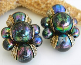 Vintage Faux Carnival Glass Bead Clip Earrings Iridescent Peacock Blue - $19.95