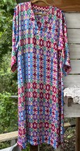 Natori Caftan Women XL Blue Pink Boho Abstract Satin House Dress Muumuu ... - $63.70
