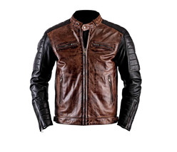 New Men&#39;s Biker Motorcycle Distressed Brown Black Moto Cafe Racer Leather Jacket - £113.88 GBP