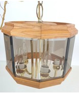 Wood &amp; Smoked Glass Panel Hanging Pendant Swag 5 Lights VTG Mid Century ... - £116.09 GBP