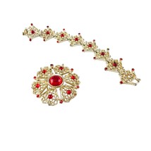 Vintage Sara Coventry Brooch 2.25&quot; and Bracelet 7.25&quot; Gold Tone Red Stones READ - £36.76 GBP