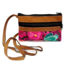Small Multicolored Floral Embroidered Tan Vegan Leather Suede Slim Purse Crossbo - £15.58 GBP