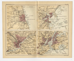 1888 Original Antique City Map Of New York Chicago Boston Philadelphia Usa - £24.54 GBP