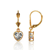 14K Solid Y Gold Bezel Set Aquamarine 6mm Heart Leverback Dangle Earrings - £74.37 GBP