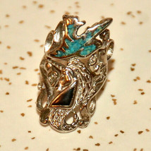 huge vintage signed silver G&amp;S 1985 turquoise bird ring black stone size... - $49.49