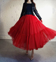 Red A-line Tiered Tulle Maxi Skirt Outfit Women Plus Size Fluffy Tulle Skirt image 5