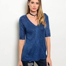 Very J Women Blue Marled V-Neck Lightweight Knit Wrap Front Sweater Top M - $14.85