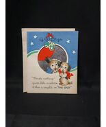 1940s 50s Unused CHRISTMAS CARD &amp; ENVELOPE Puppies Under Mistletoe  - $13.37 CAD