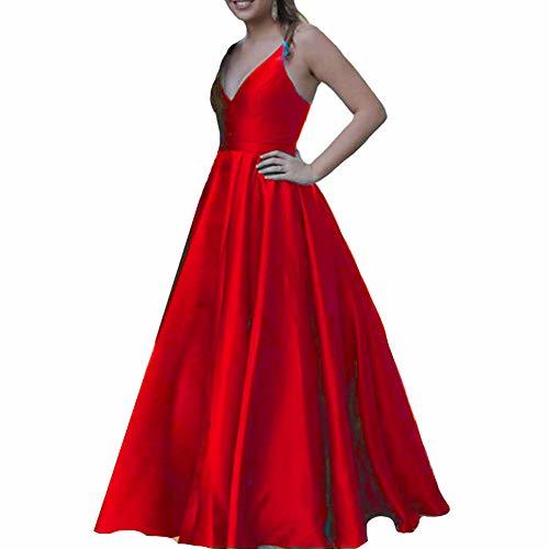 Women V Neck Spaghetti Straps Formal Long Maxi Evening Prom Dresses Red US 16